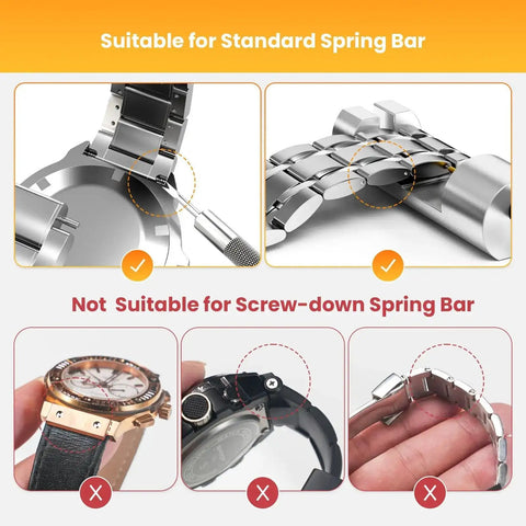 Watch Link Removal Tool Kit For Band Adjustment And Replacement, Pro Grade Watch Repair Set showing standard spring bar suitability
