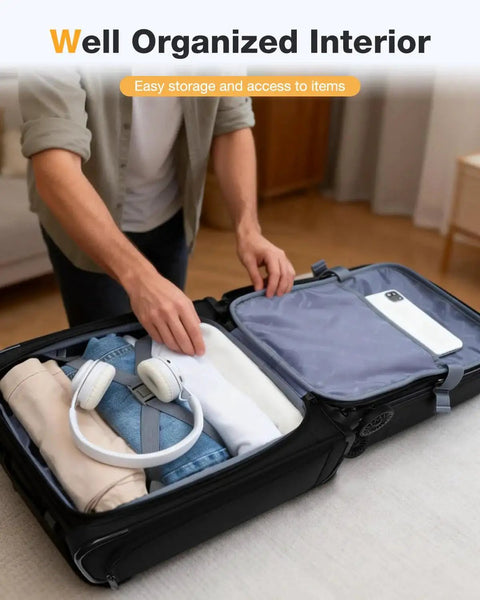 Open Underseat Carry On Luggage 16 Inch Softside With Detachable Spinner Wheels showing organized interior and packed items