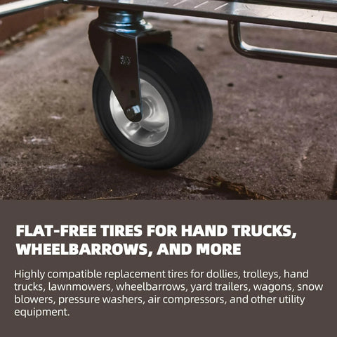 Flat-free solid rubber tire for hand trucks, wheelbarrow visible beside metal frame, installed view, used on various equipment