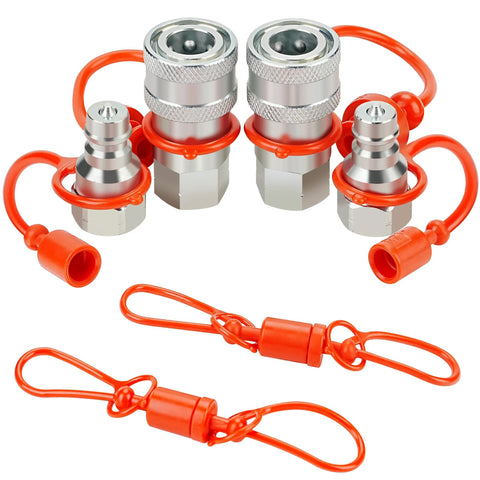 ANCIMOON 1/4'' Ag ISO 5675 Poppet Pioneer hydraulic quick-connect couplers, four, with orange dust caps and lanyards.