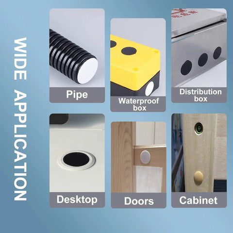 Applications of 200 Pcs Nylon Hole Plugs Set In Nine Sizes Ranging From One Fifth Inch To One Inch shown on pipe, waterproof box, distribution box, desktop, doors, cabinet