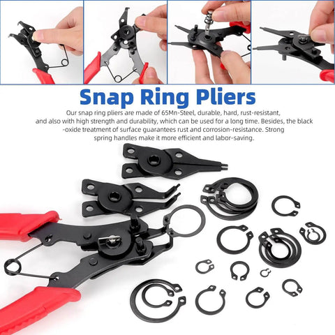 Do-It-Yourself Ready Circlip And E-Clip Kit With Snap Ring Plier Set And Tweezer, 312Pcs 65Mn Steel Assortment For 4mm To 28mm C Clips And 1.5mm To 10mm E-Rings, Glarks shown with red-handled pliers and clips on white background