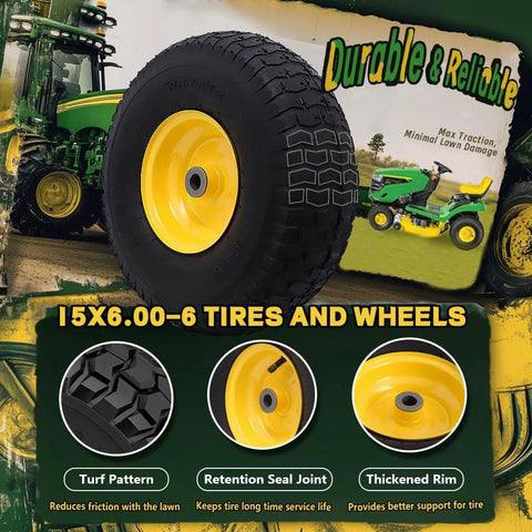 Front Tire And Wheel Assembly 15x6.00-6 For Riding Lawn Mowers, 2 Pack, shown with thickened rim and turf pattern for lawn use