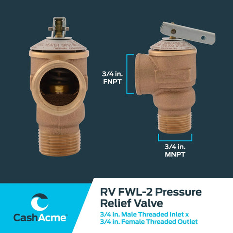 Cash Acme 3/4 in RV FWL-2 pressure relief valve, bronze; 3/4 in FNPT inlet, MNPT outlet, front and side views.