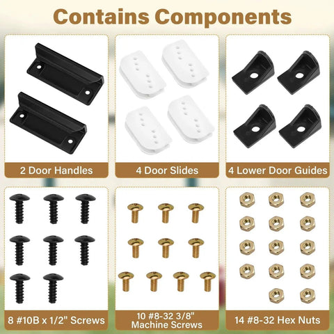 Image showing Door Tune Up Kit For Arrow Shed Sliding Doors DK100 A Replacement Parts with handles, guides, slides, screws, and nuts.