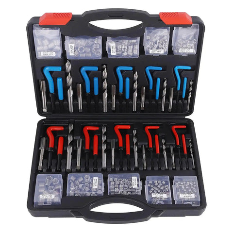 Open case of 320 Piece Helicoil Thread Repair Kit With Metric And SAE Thread Restorer Set showing tools and inserts