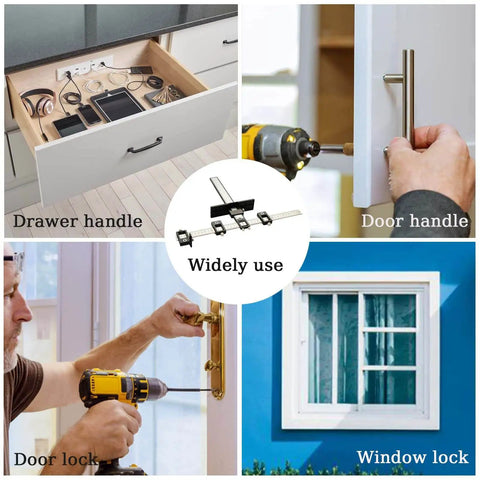 Aluminum Cabinet Hardware Jig Kit For Fast Precise Door Handle And Drawer Front Knob Installing Including Automatic Center Punch And Four Drill Bits For Quick Pro Grade Mounts, displaying components and use.
