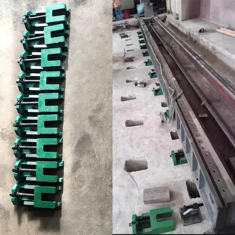 Set of Adjustable Machine Leveling Feet With Cast Iron Pads for machinery installation and stabilization on uneven surfaces.
