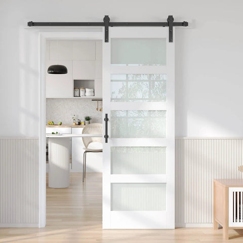 32 Inch By 84 Inch White Frosted Glass Sliding Barn Door With 66 Inch Hardware Kit And Handle PVC Surface Finish installed in kitchen entrance