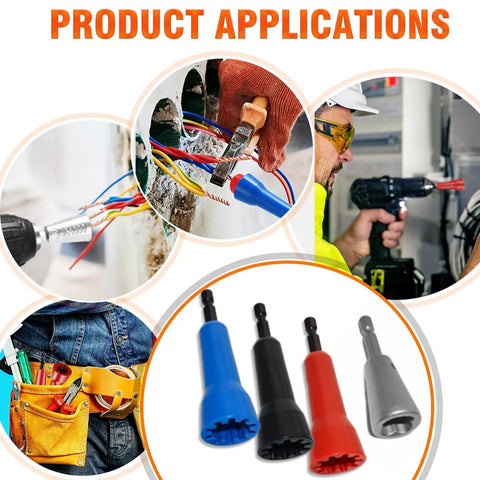 Heavy Duty Pro Grade Wire Nut Twister Kit for Drills, Fast Wire Twister Tool in use by electrician and components.