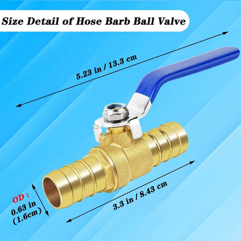 Brass Hose Barb Ball Valve Kit Two Pack For Five Eighth Inch And Three Quarter Inch Hose Barbs With Stainless Steel Clamps High Temperature Resistant Shut Off PEX Ball Valves For Water Oil Gas And Fuel Lines, side view with dimensions.