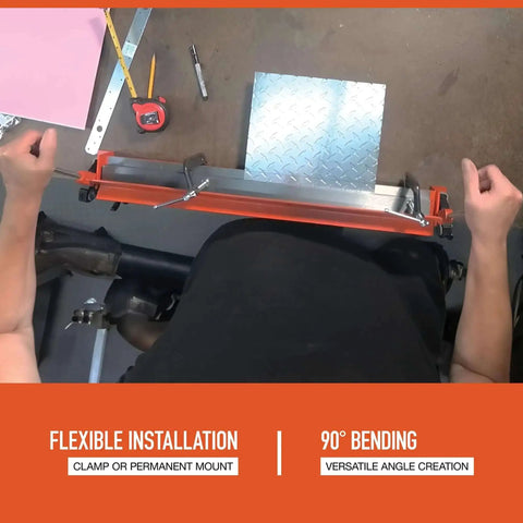 Top view of Beefy Portable Sheet Metal Bending Brake 30 Inch Wide Heavy Duty Reinforced Steel Frame in use on 18 gauge steel.