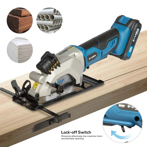 Pro Grade Mini Cordless Circular Saw With Laser Guide And Rip Guide For Precise DIY Cuts, 4-1/2 Inch Blade, 3400 RPM No-Load, Blue