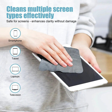 Person cleaning tablet with Six Pack Microfiber Cleaning Cloths For Screens Lenses And Glasses 6x6 Gray, displaying effective use.