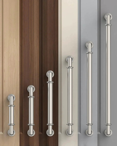 10 Pack 5 Inch Hole Center Cabinet Handles In Brushed Satin Nickel And Polished Nickel Finishes on various cabinet surfaces