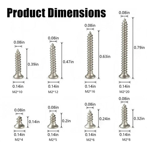 Eight Hundred Piece M2 304 Grade Stainless Steel Screws Assortment Kit dimensions showing multiple lengths in inches.