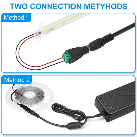 24V DC Power Supply 6A 120W Universal AC to DC Adapter, 5.5x2.1mm Jack, showing two connection methods with LED terminal connector.