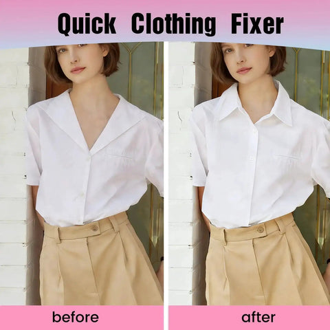Woman wearing white shirt and beige skirt before and after using Pro Grade Dope Fabric Stitch Gun And Tagging Tool Kit.