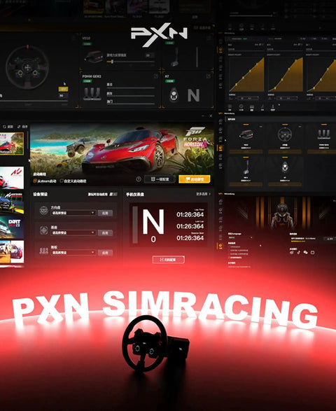 Sim racing software display with steering wheel silhouette and "PXN Simracing" text, showcasing features for Direct Drive Racing Wheel Bundle