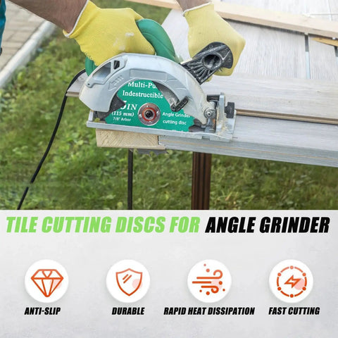 Person using Six Pack Four Point Five Inch Pro Grade Diamond Cut Off Wheels For Angle Grinder With Seven Eighths Inch Arbor on wood.