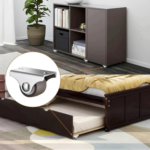 1 Inch Mini Fixed Caster Wheels Set Of 4 With Steel Top Plate Low Profile Silent TPE Rubber Caster Wheels For Furniture Rolling Cabinets Sliding Doors Trundle Beds Drawers Easy Install With Mounting Screws Included For Setup And Smooth Quiet Operation installed on furniture and a trundle bed, featuring close-up of wheel design.