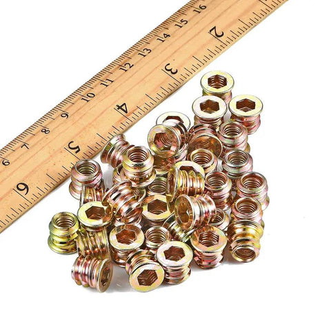 80 Pieces One Quarter Twenty Wood Threaded Inserts For Furniture Bolts With Hex Socket Drive, ruler for scale