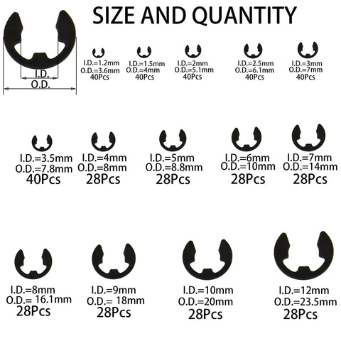 462 Piece Black Alloy Steel E Clip External Retaining Rings Kit With 14 Sizes From 1.2mm To 12mm, shown with size chart.