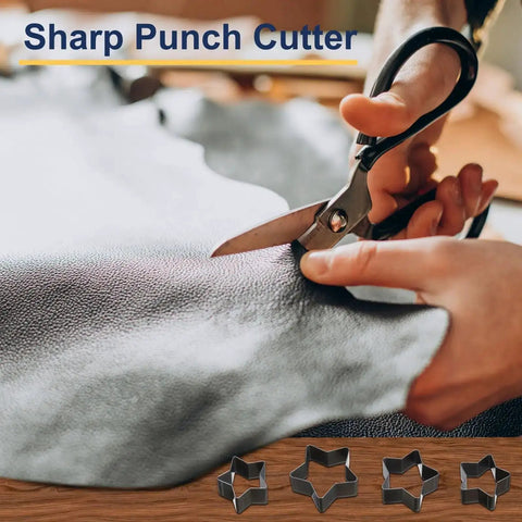 Close-up of Dope Blossom Shape Leather Punch Set with scissors cutting grey leather, featuring five star-shaped punches below.