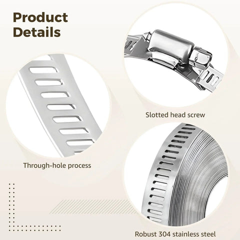 32.8 Ft 304 Stainless Steel Hose Clamp Kit with 20 Heavy Duty Fasteners showcasing slotted screw and perforated strapping