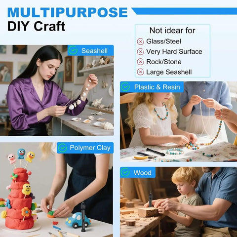 Multipurpose DIY craft projects using plastic, resin, polymer clay, and wood, not ideal for glass or very hard surfaces