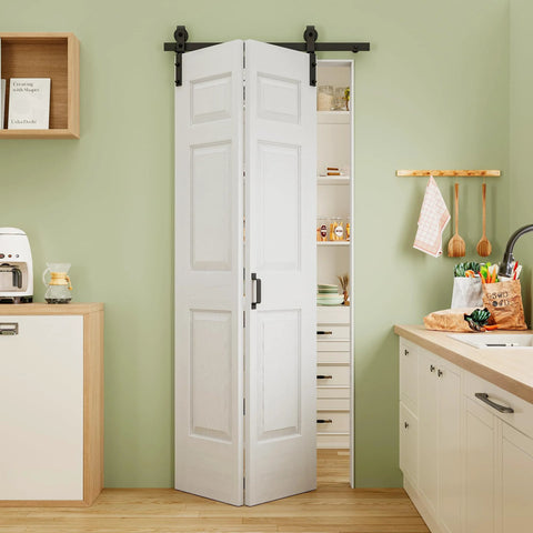32x84 Inch Bi Fold Barn Door Set With Six Raised Panels, Paintable White Primed Finish Installed in Kitchen Pantry