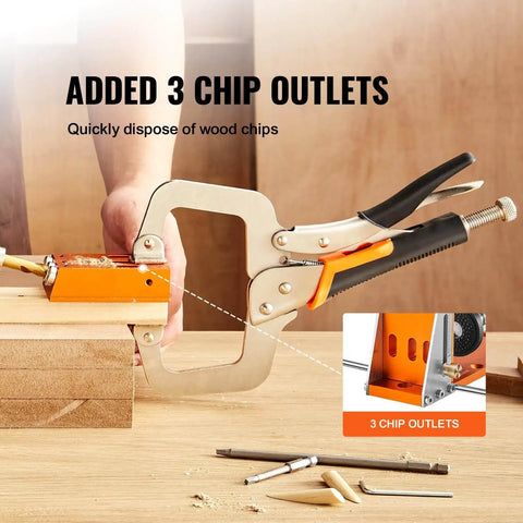 Close-up of 34 Piece Pocket Hole Jig Kit With Toolbox Adjustable Versatile Pocket Hole Jig Set Featuring 11 Inch C Clamp Fixtures, chip outlets visible.