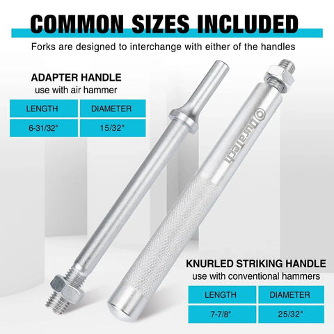Two silver handles from 5-Piece Ball Joint Separator Set With Pickle Forks For Cars And Light Trucks, showing dimensions and features.