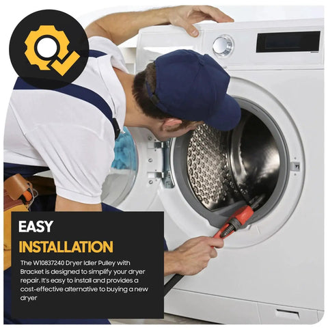 Person installing upgraded dryer idler pulley with enhanced ball bearings for Whirlpool and Kenmore dryers, showing installation process.