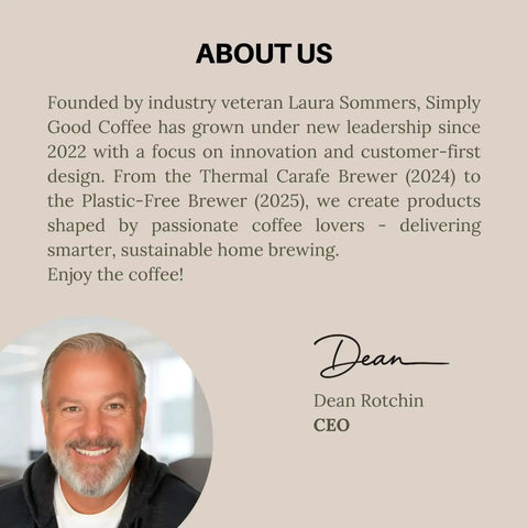 "About Us" section for Simply Good Coffee featuring Dean Rotchin, CEO, with company mission and leadership information.
