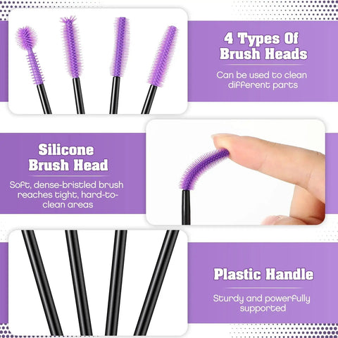 RimCereal 20-piece silicone sewing machine cleaning brush set with black handles and purple bristles, showing 4 head types.