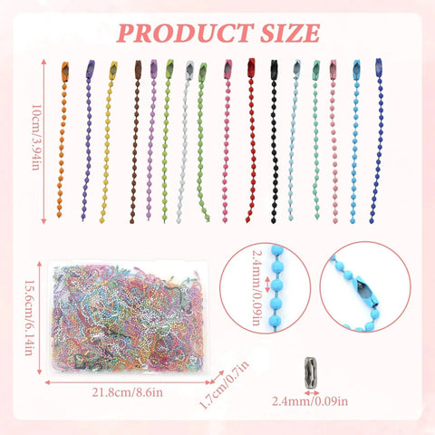 400 Pcs Ball Bead Chain Set With 3.94 Inch Dog Tag Chains Includes 100 Silver Replacement Buckles For Jewelry Making And DIY Crafts, multicolor ball chains with dimensions shown.