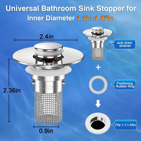 Two Pack Pop Up Sink Drain Hair Catcher With Removable Stainless Strainer Basket showing dimensions and components.