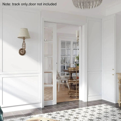 Eight Foot Sliding Pocket Door Hardware Kit With Aluminum Box Rail Track installed, view of white interior space