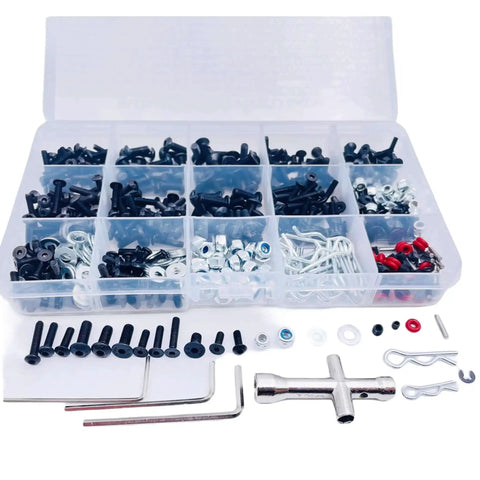 Universal 634 Piece RC Screw Kit For Traxxas Arrma HPI RC4WD Axial Tamiya Redcat Losi And More shown with metal screws and tools