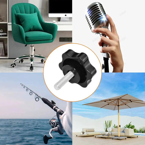 M6 20mm Star Hand Knobs Set Black Plastic Hex Clamping For Umbrella Bases shown in a multi-use collage