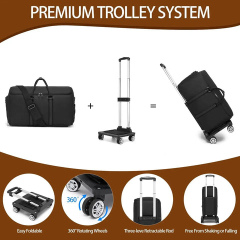 Premium trolley system with rolling garment bag, three-level retractable rod, and 360° rotating wheels, black carry-on size.