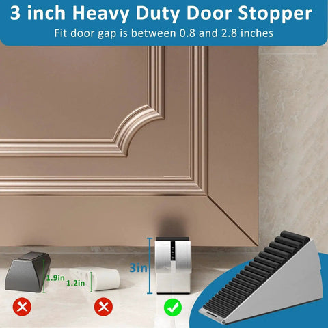 Two Pack Heavy Duty Door Stopper With Spring Loaded Adjustable Height Up To Three Inches Tall Wedge For Bottom Of Door Anti Slip Top And Bottom Rubber Lock Design Fits 0.8 To 3 Inch Clearances For Heavy Doors shown with measurements against a door.