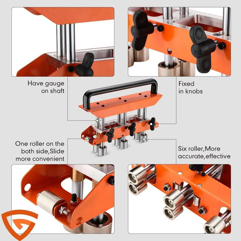 3-Station Sheet Metal Roller Bender for 0-90 Degree Bends, showing close-up of fixed knobs and rollers for standing seam roof bending