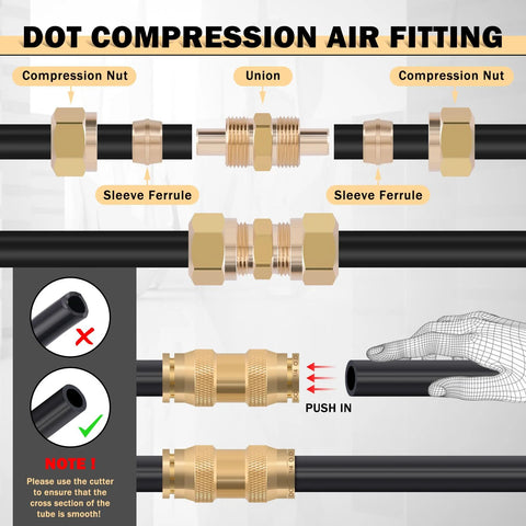 Brass DOT air line fittings kit, 80 pcs, push-in and compression quick-connects for 1/8, 1/4, 3/8, 1/2 in air hoses
