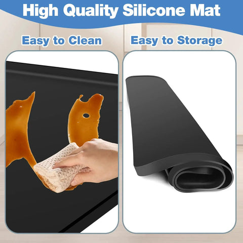 ToLanbbt black silicone fridge/washer mat, 20x20 inches, four base raisers; left shows spill wiped, right rolled.