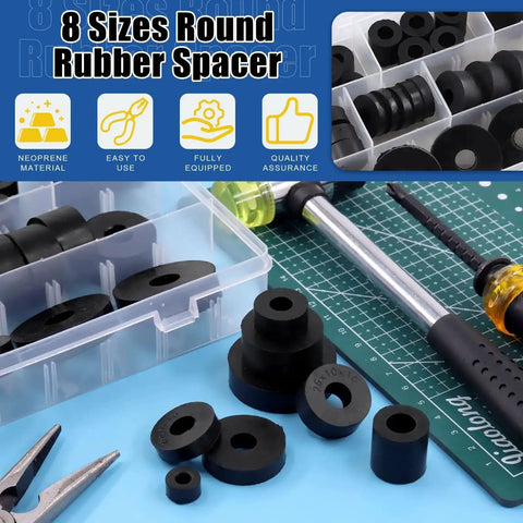 40 Piece Round Rubber Spacer Set in Eight Sizes Dope Anti Vibe Neoprene Washers displayed in storage box with tools