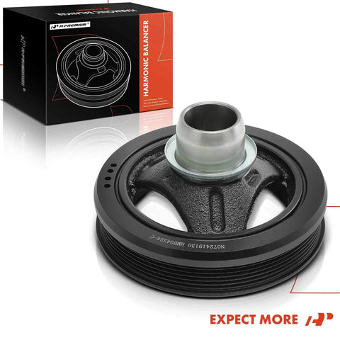 Black engine harmonic balancer pulley replacement for Jeep Grand Cherokee 2005-2010, part shown with packaging, OEM style for V8 performance.