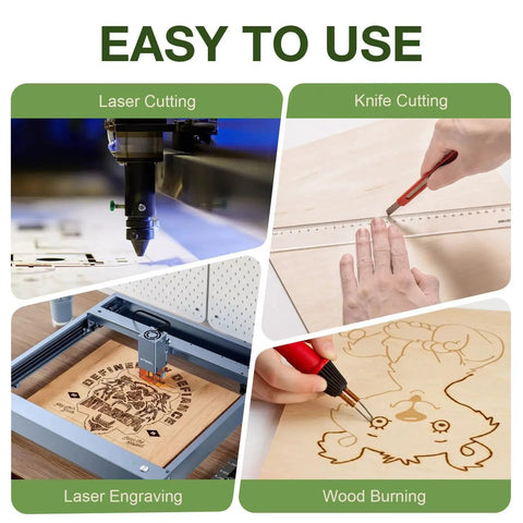 Various uses of 30 Pack Basswood Sheets One Eighth Inch Thick For Laser Cutting And Diy Crafts Unfinished Wood For Ornaments Engraving And Architectural Models In Sizes 12x12 12x16 And 12x18 Inches, showing laser cutting, knife cutting, engraving, and wood burning applications.