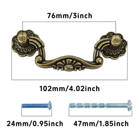 Antique Bronze 3 Inch Center To Center Drop Drawer Pulls, 6 Pack Bail Cabinet Handles, size dimensions shown with screws